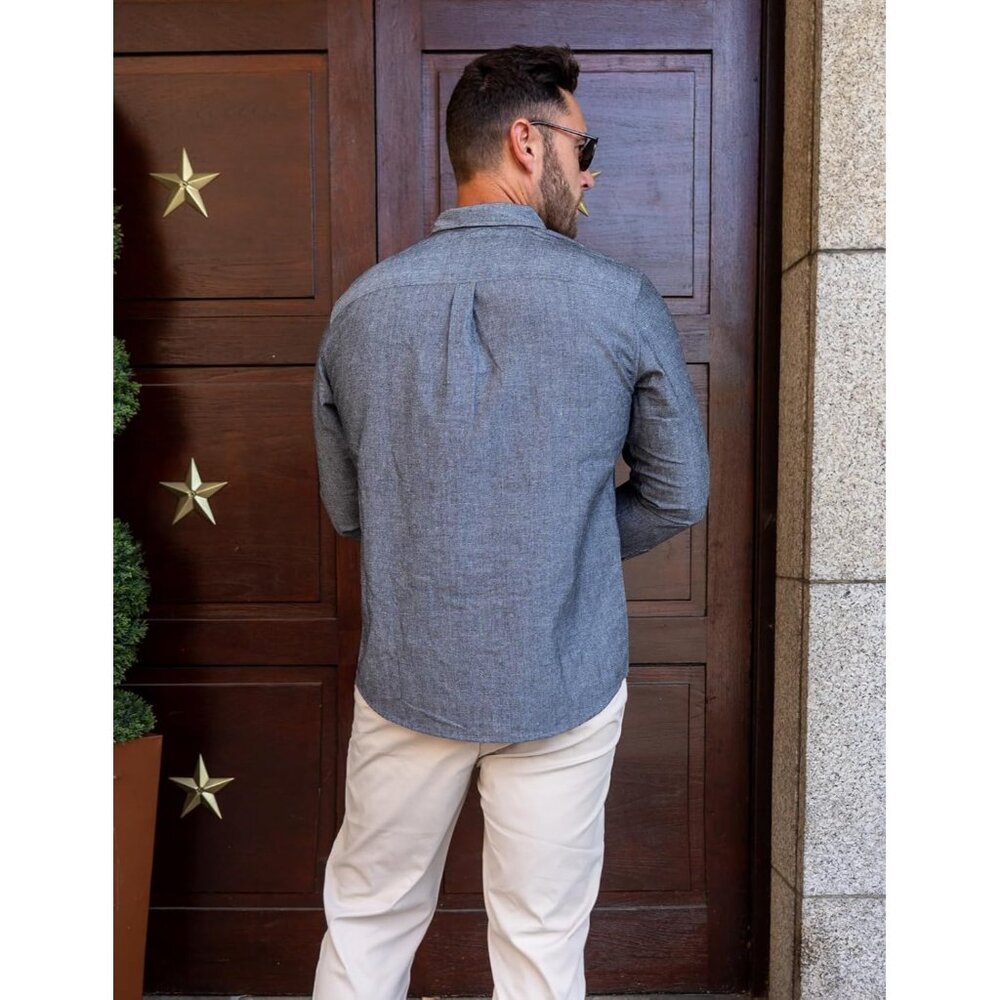 Men's Navy Blue Classic Fit Linen Long Sleeve Button Down Casual Shirts - Picture 5 of 6